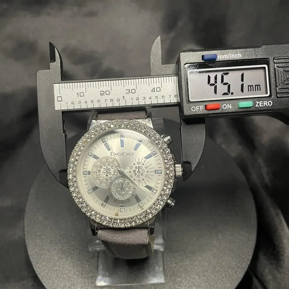 Women’s bebe Quartz Dress Watch Silver Dial Crystal Bezel Gray Leather 45mm
